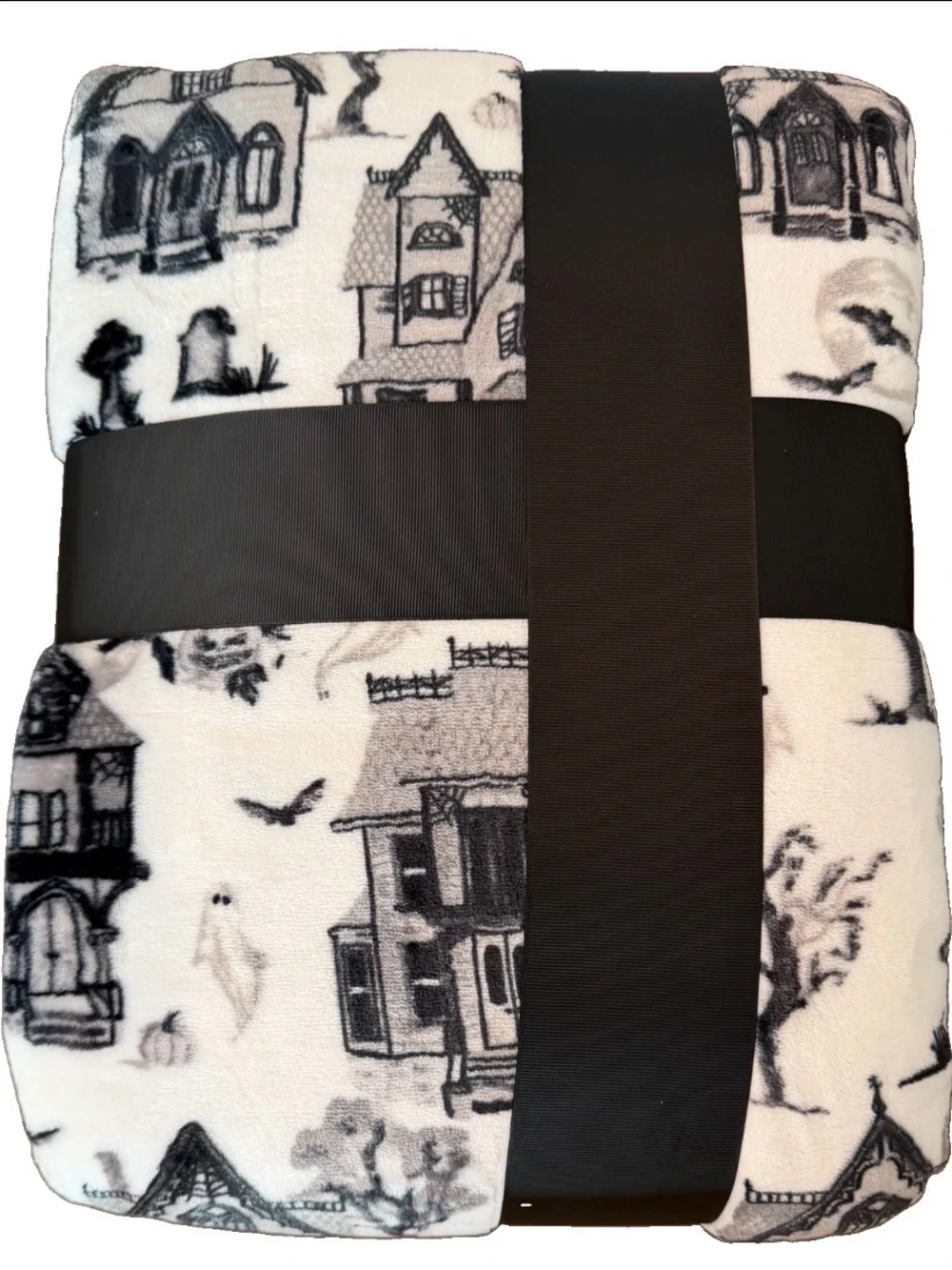 Cynthia Rowley Haunted House Plush Blanket Full Queen Blk White Gothic Halloween